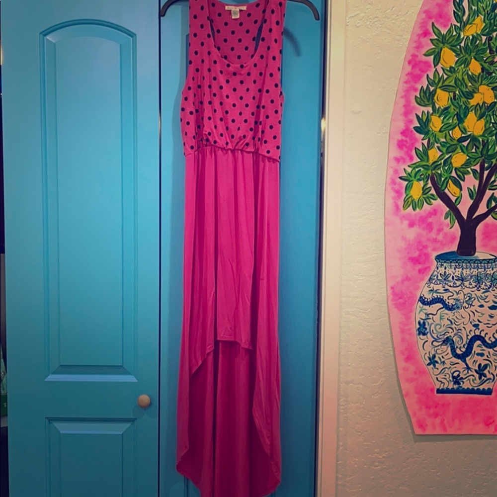 Pink high low maxi dress with polka dots bodice